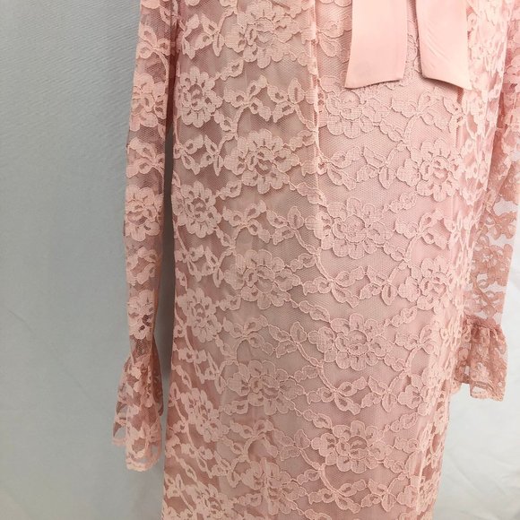 Vintage Handmade Lace Pink Dress Long Sleeve Bow Front Metal Zipper 60s - Picture 6 of 13